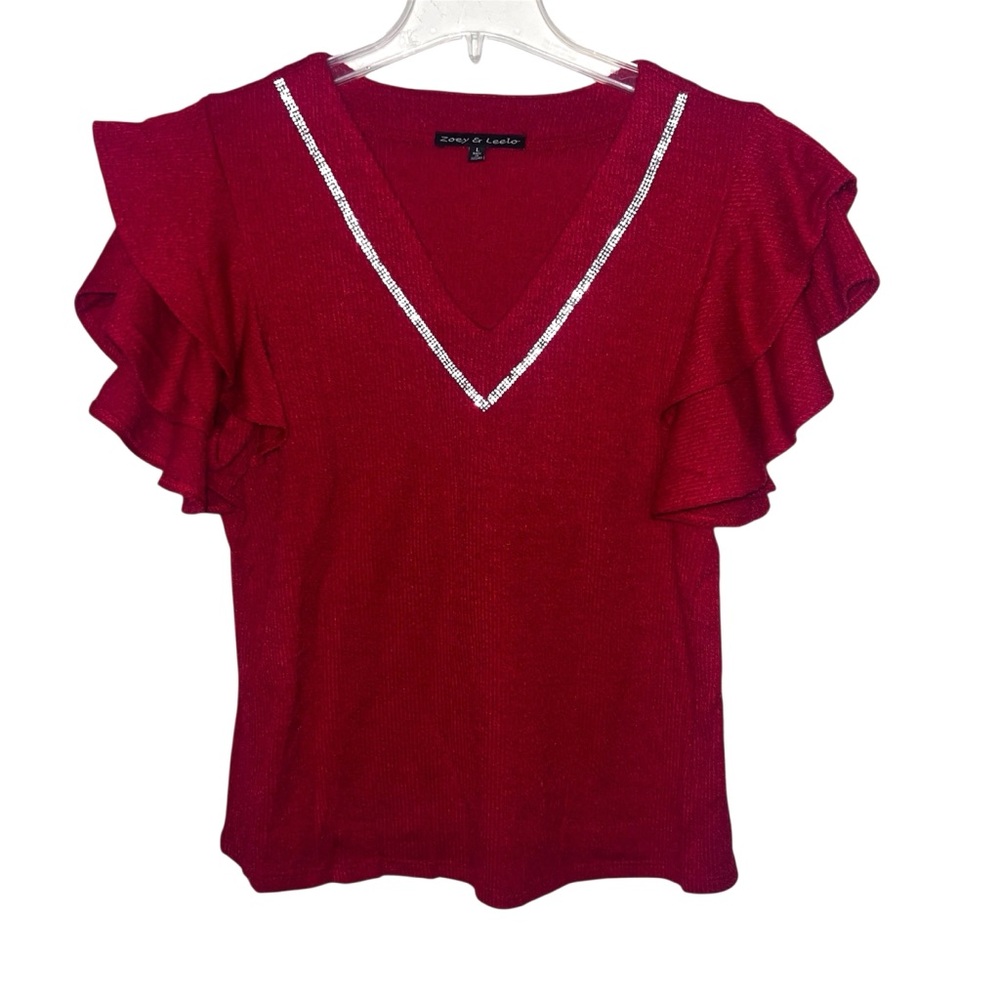 Zoey & Leelo Red Sweater Ruffled Short Sleeves Size Large